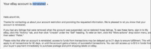 ebay account reinstated