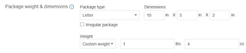 ebay product weight dimensions listing