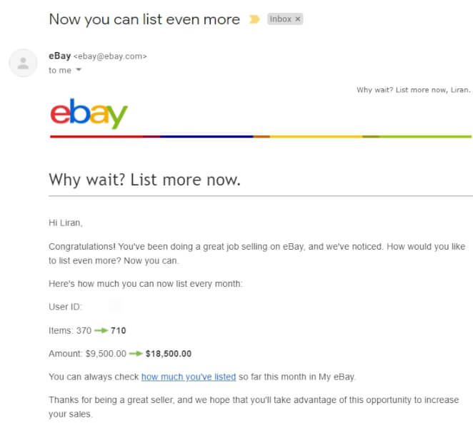 Automatic method to increase selling limits on eBay