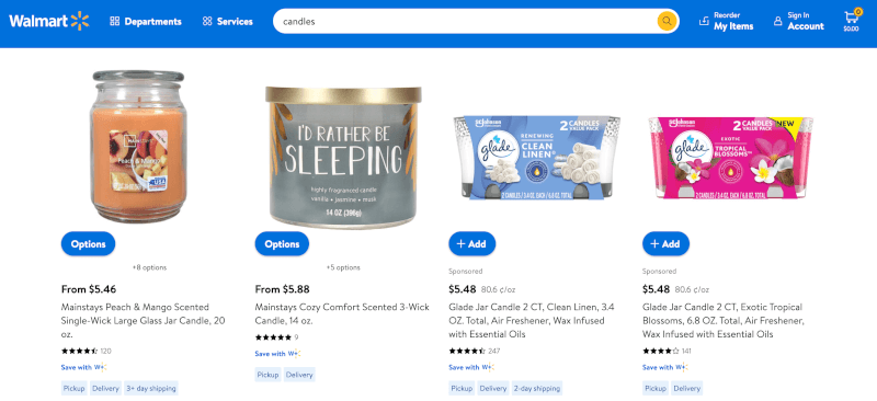 Walmart candles for dropshipping