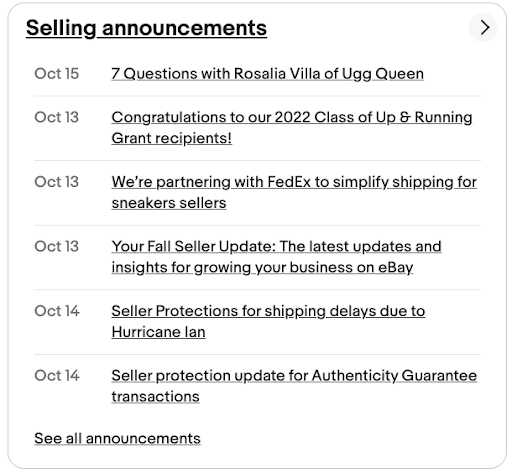 ebay selling announcements