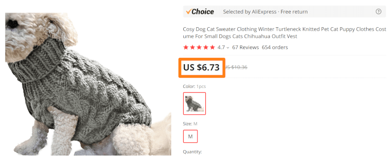 Alt: Price of dog sweater on AliExpress Dropshipping Center