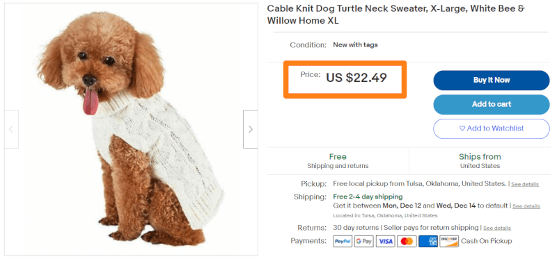 Price of dog sweater on eBay
