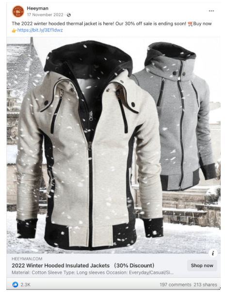 Insulated Hooded Winter Jacket Seller's Facebook Ad