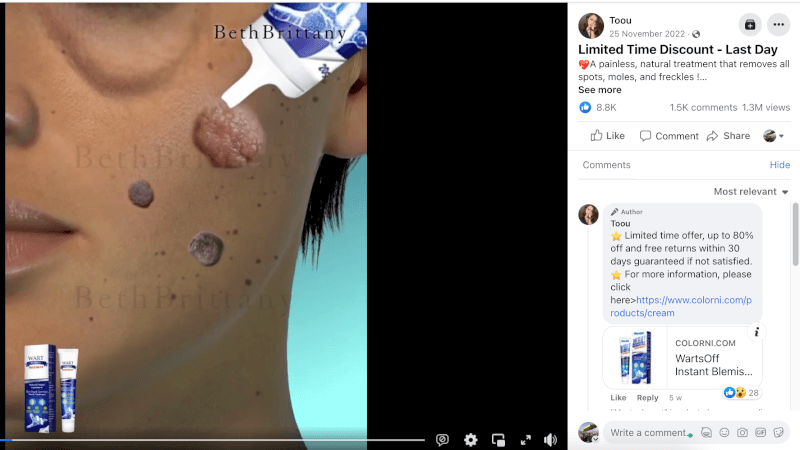 Anti-Blemish Skin Cream Seller's Facebook Ad