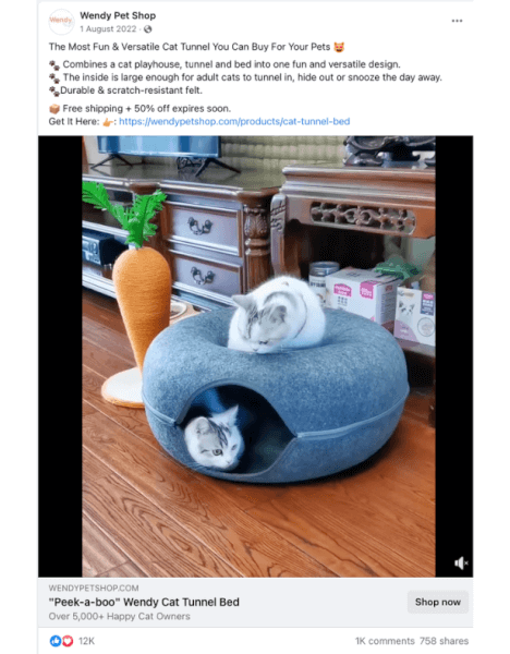Cat Tunnel Bed Seller's Facebook Ad