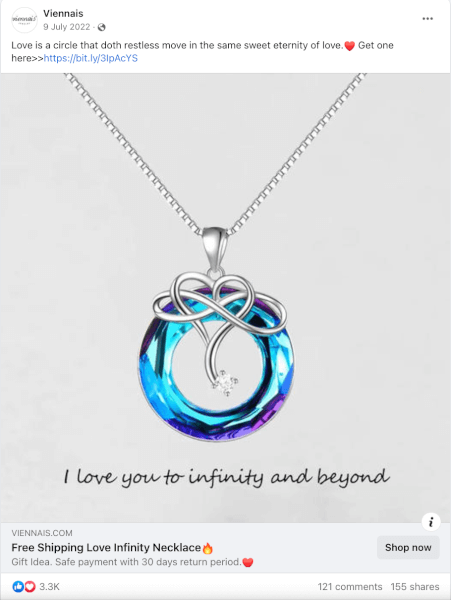 Infinity Love Necklace Seller’s Facebook Ad