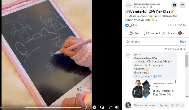 Kids LCD Drawing Tablet Seller’s Facebook Ad
