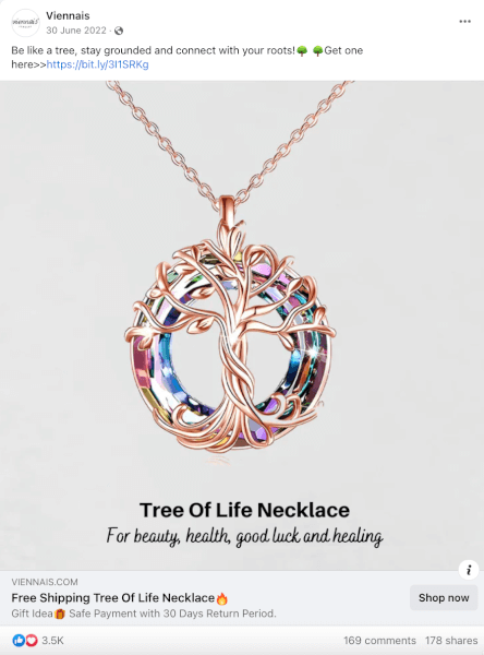 Tree of Life Necklace Seller’s Facebook Ad