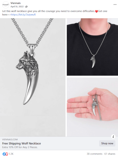 Dropshipping Jewelry Men’s Wolf Necklace FB Ad
