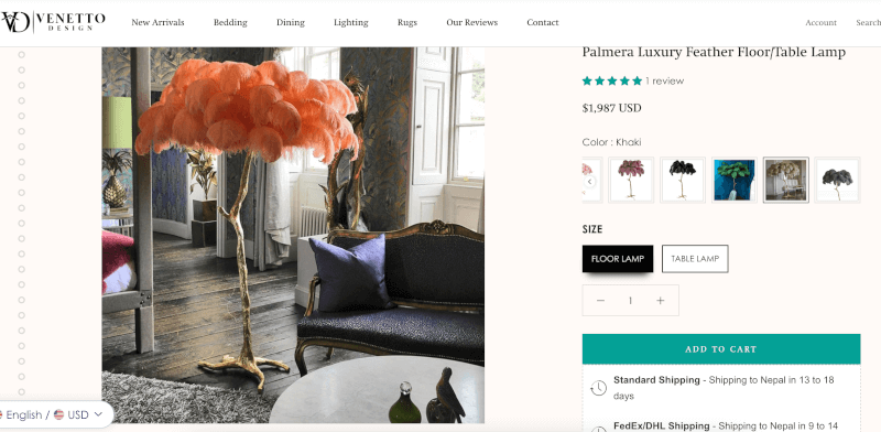Luxurious Feather Lamp seller's website dropshipping furniture