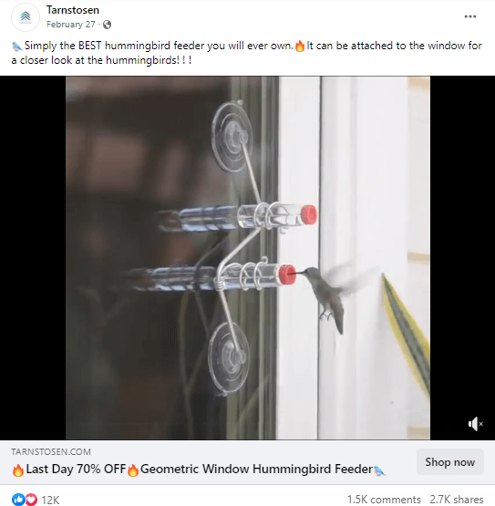 Window Hummingbird Feeder FB Ad