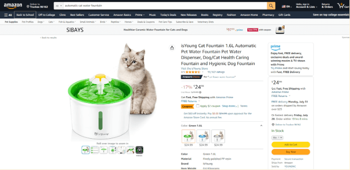 automatic cat water fountain from Amazon