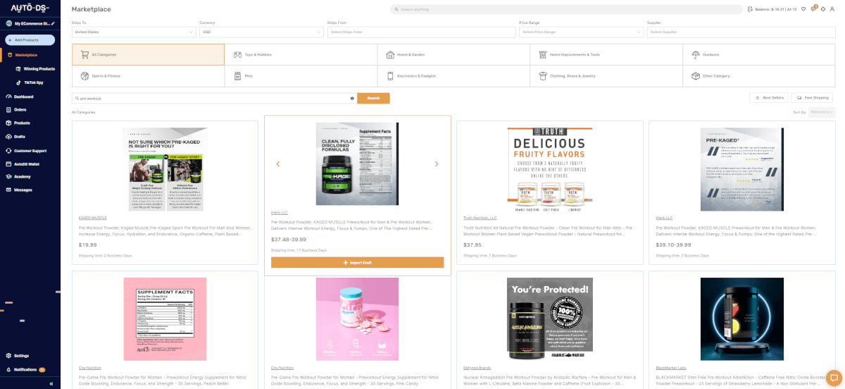 importing supplement dropshipping product on AutoDS Marketplace