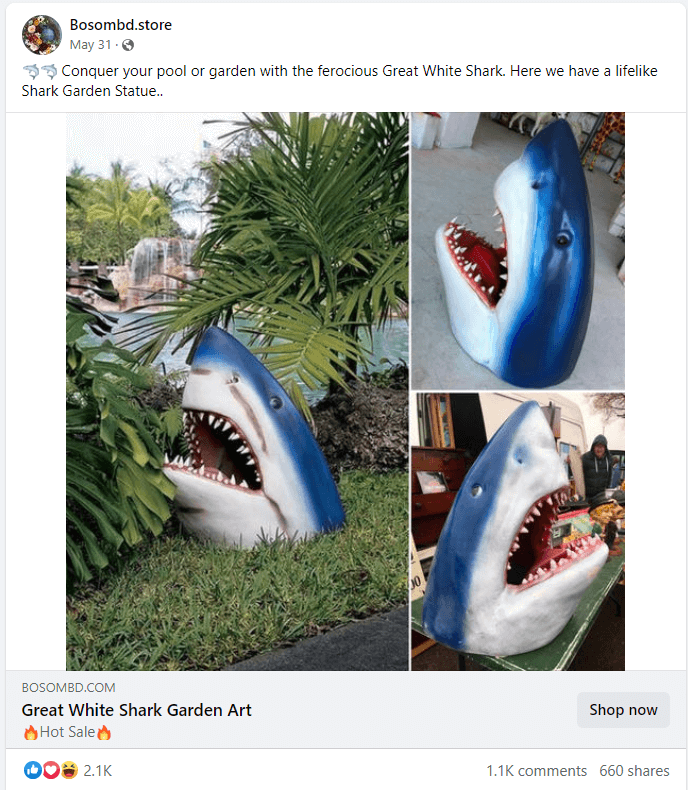 Realistic Shark Head Sculpture Seller’s Facebook Ad