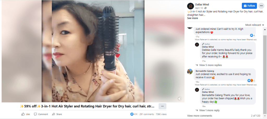 Electric Hair Styler Seller’s Facebook Ad