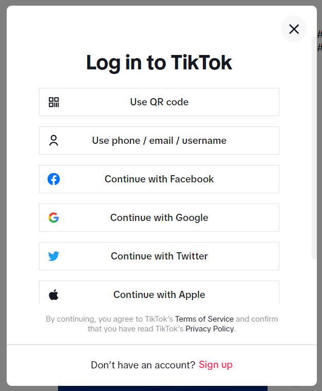TikTok Sign in Pop-up
