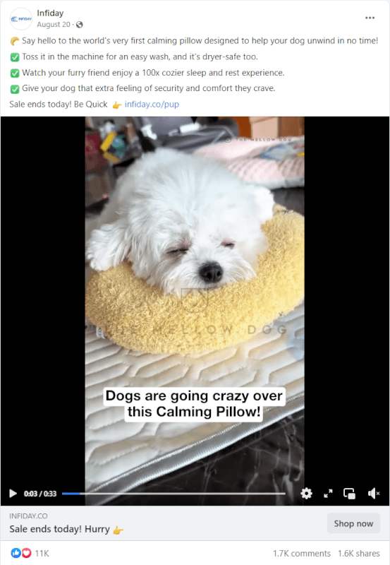 Calming Pet Pillow seller's facebook ad top dropshipping products