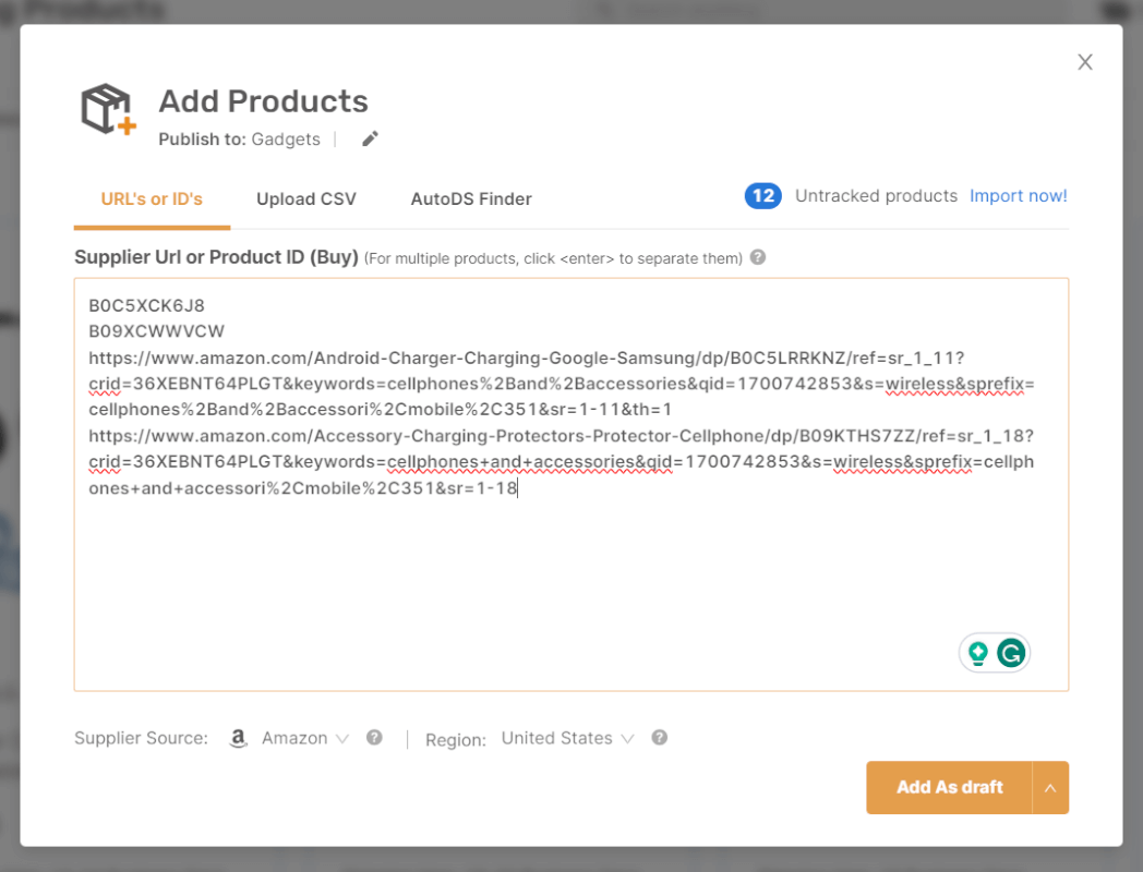 Add Products ASIN and URL