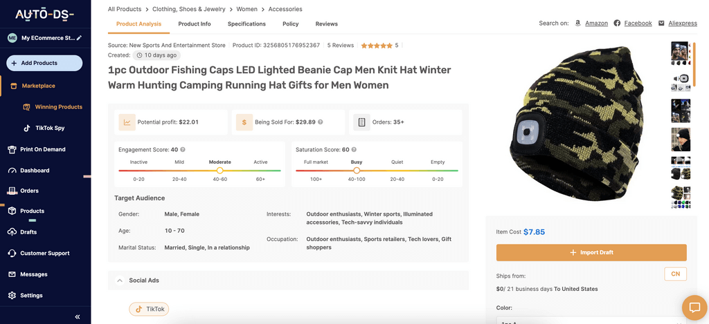 products to dropship March LED Lighted Beanie AutoDS platform